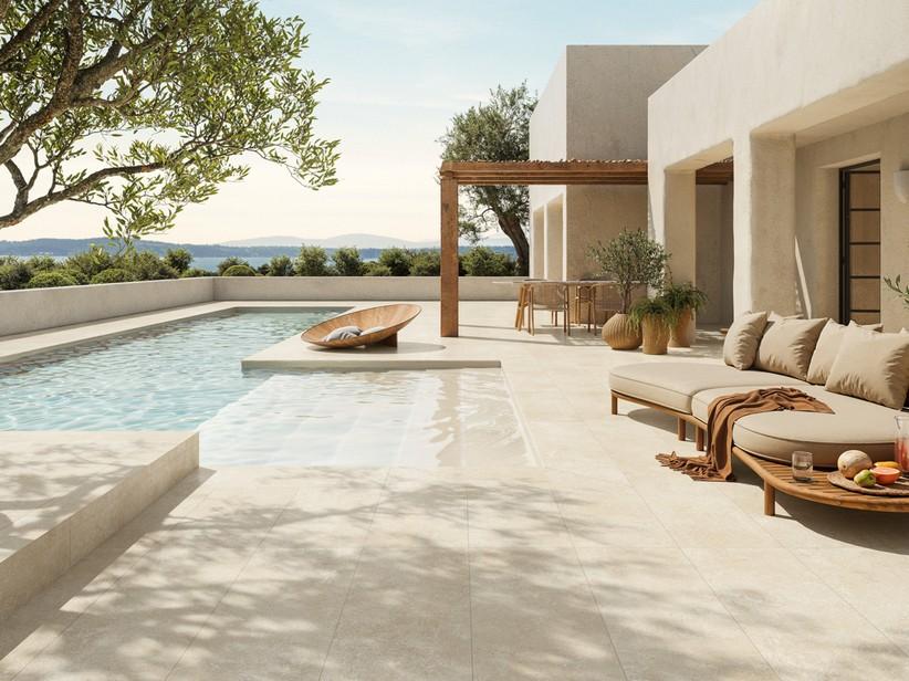 Fliese Sakkara White XOUT 40x120 Außenbereich Stärke 20mm Kalkstein-Effekt Elfenbein | IperCeramica