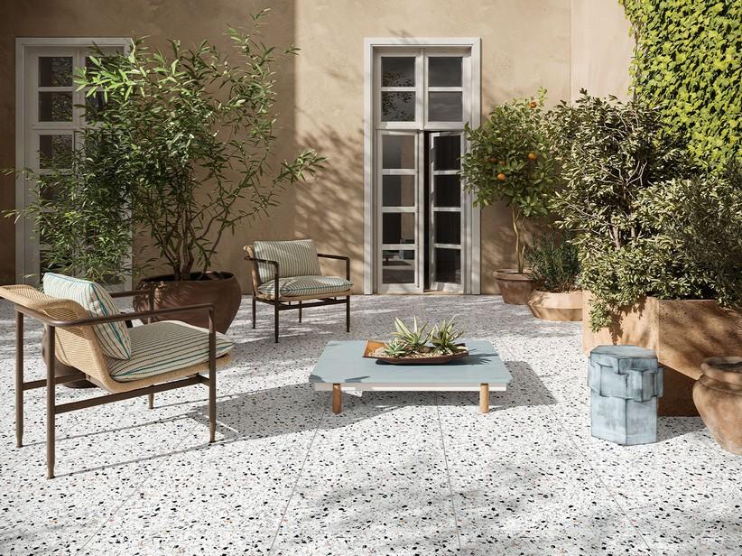 Fliese Venice White XOUT 60x60 Feinsteinzeug für Außenbereich 20mm Terrazzo Optik | IperCeramica