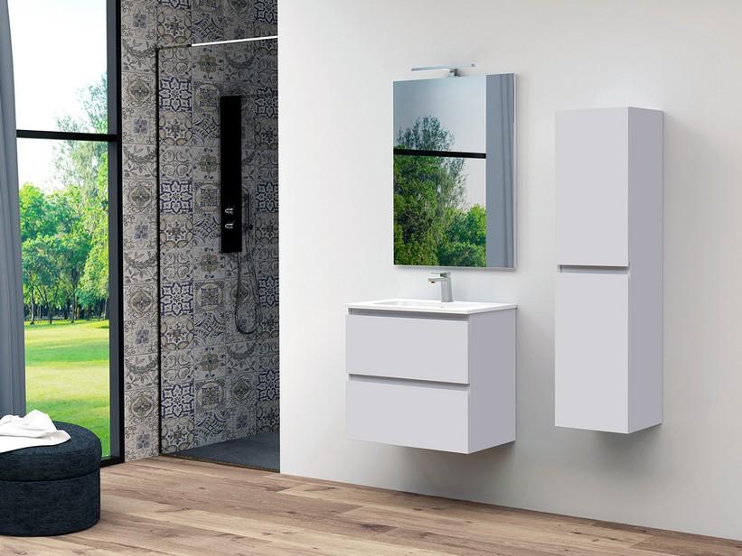 Meuble salle de bains gain de place Marea 60 P38 cm 2 tiroirs gris mat avec lavabo en résine blanc brillant | IperCeramica