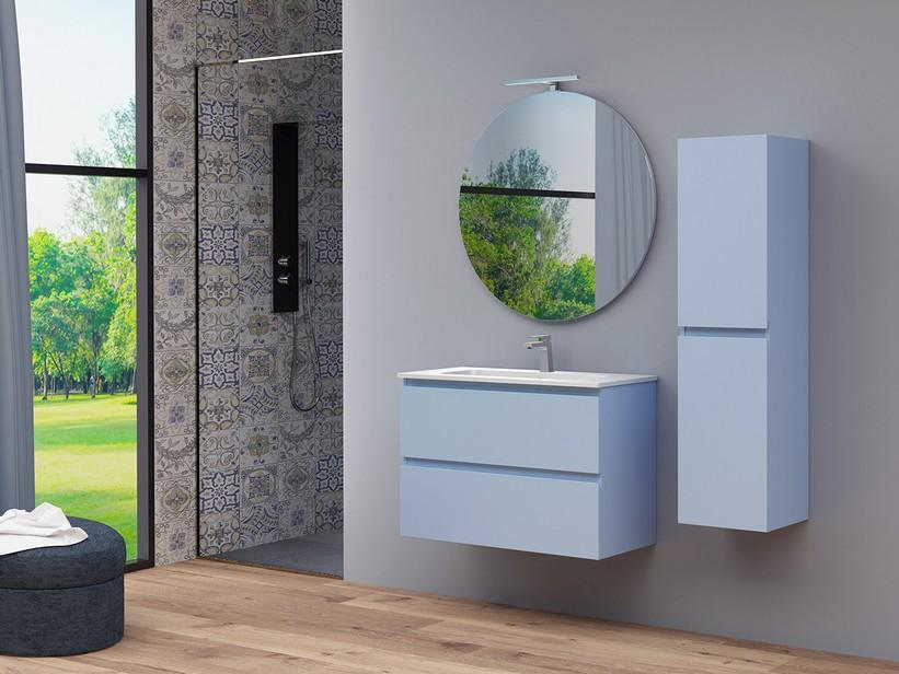 Meuble salle de bains gain de place Marea 80 P38 cm 2 tiroirs bleu mat avec lavabo en résine blanc brillant | IperCeramica