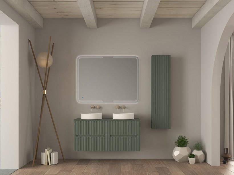 Meuble salle de bains FARO 120 cm cannelé vert mat avec plan pour vasque à poser | IperCeramica