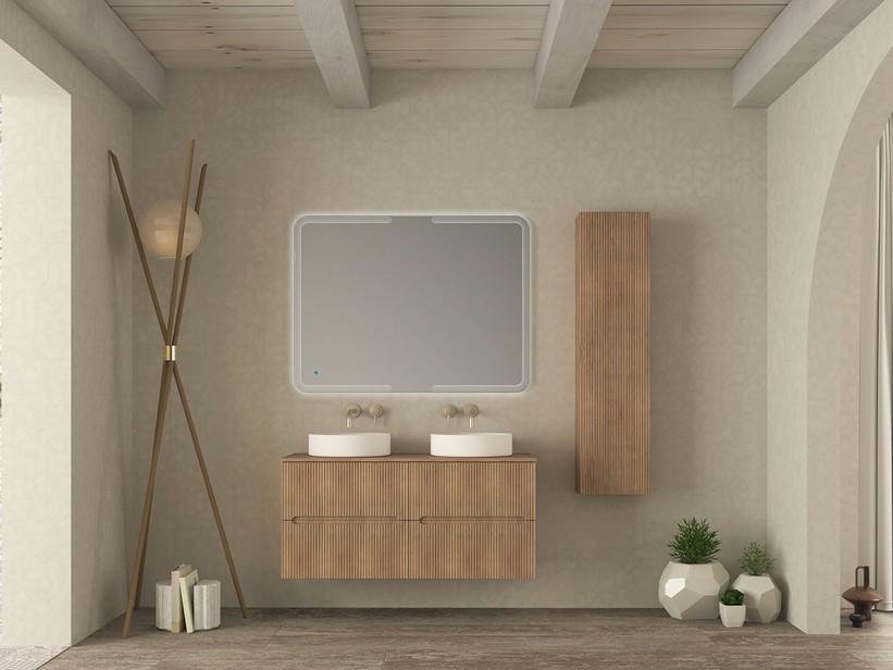 Meuble salle de bains FARO 120 cm cannelé chêne tabac avec plan pour vasque à poser | IperCeramica
