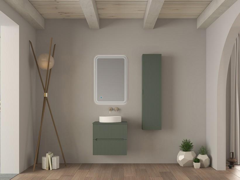 Meuble salle de bains FARO 60 cm cannelé vert mat avec plan pour vasque à poser | IperCeramica