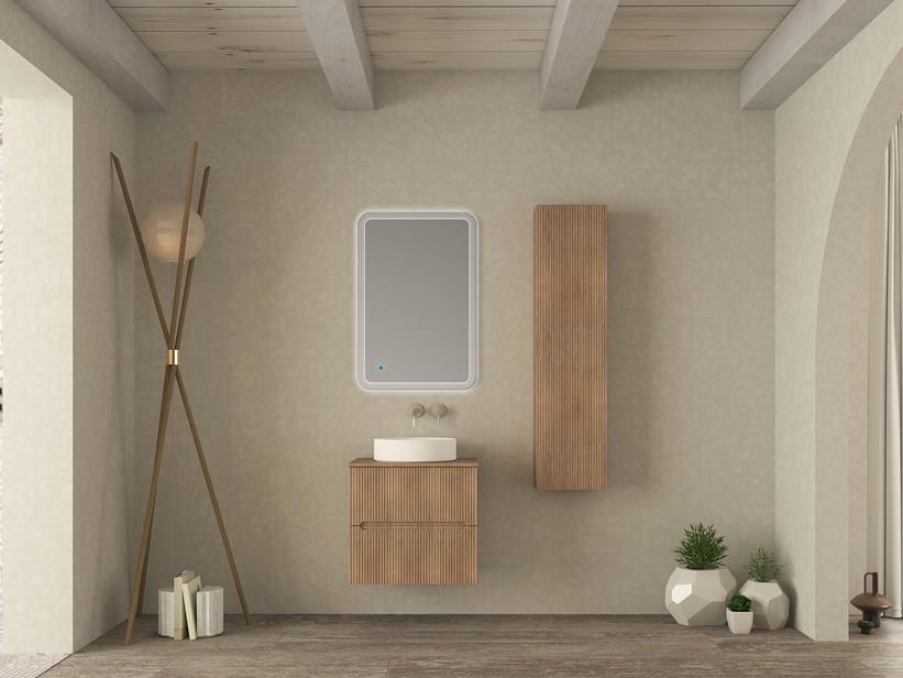 Meuble salle de bains FARO 60 cm cannelé chêne tabac avec plan pour vasque à poser | IperCeramica