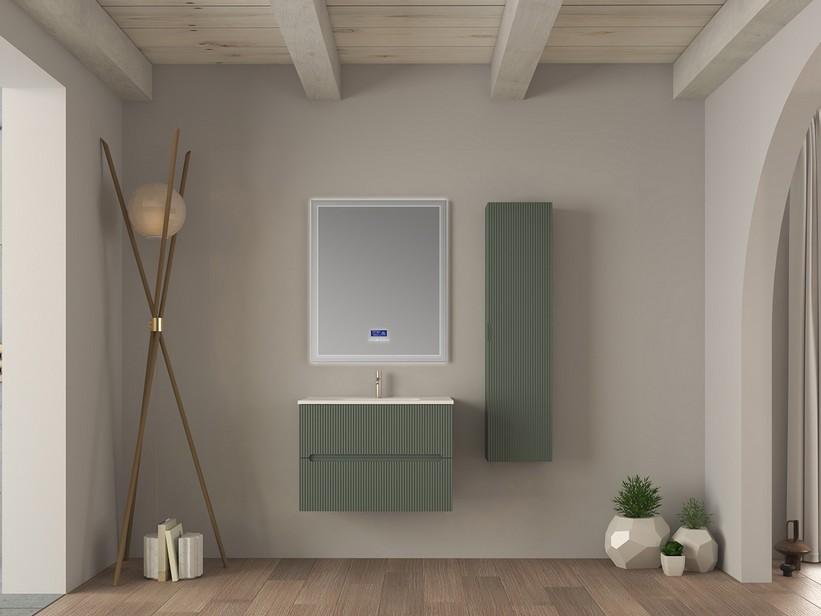 Meuble salle de bains FARO 80 cm cannelé vert mat et lavabo Unitop en céramique ANIKA blanc brillant | IperCeramica