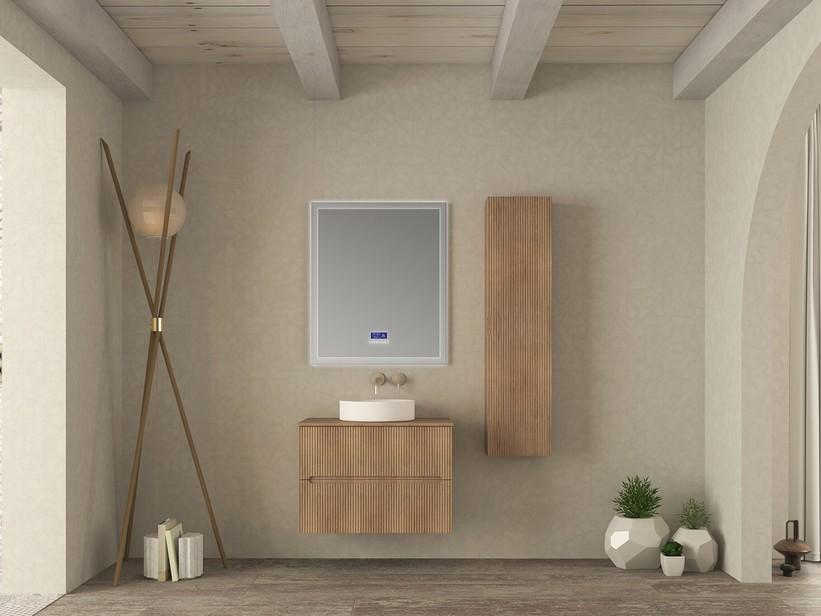 Meuble salle de bains FARO 80 cm cannelé chêne tabac avec plan pour vasque à poser | IperCeramica