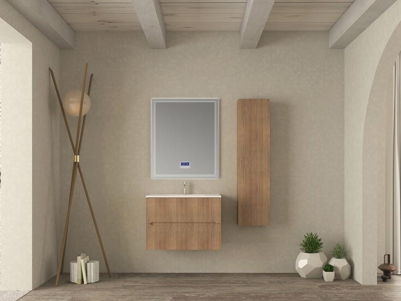 Meuble salle de bains FARO 80 cm cannelé chêne tabac et lavabo Unitop en céramique ANIKA blanc brillant | IperCeramica
