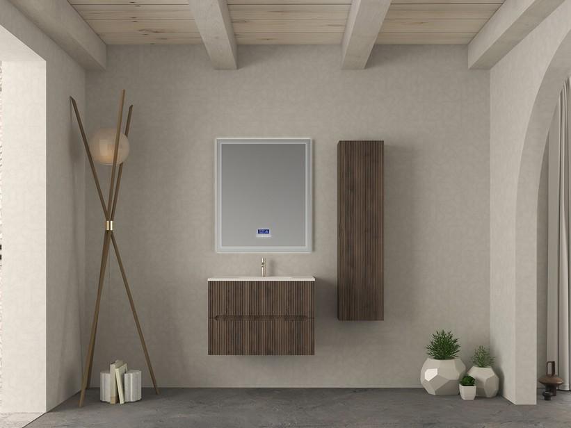 Meuble salle de bains FARO 80 cm cannelé noyer et lavabo Unitop en céramique ANIKA blanc brillant | IperCeramica