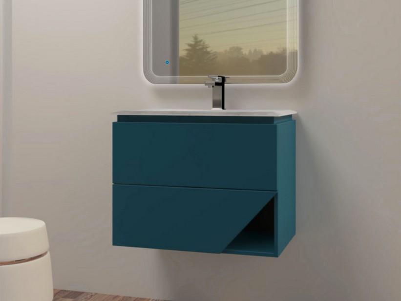Meuble salle de bains LUX L70 cm suspendu avec 2 tiroirs et lavabo Unitop en résine - finition bleu pétrole mat | IperCeramica