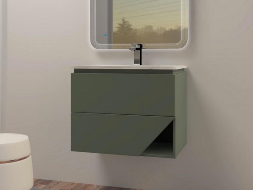 Meuble salle de bains LUX L70 cm suspendu avec 2 tiroirs et lavabo Unitop en résine - finition vert mat | IperCeramica