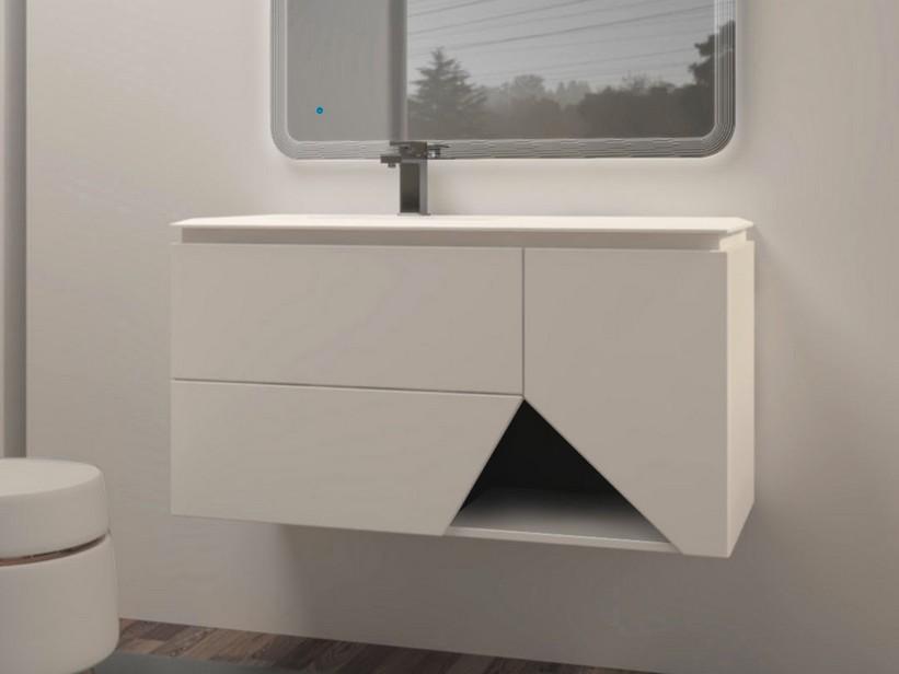 Meuble salle de bains LUX L106 cm sur pieds avec 2 tiroirs, 1 porte et lavabo Unitop en résine - finition blanc mat | IperCeramica