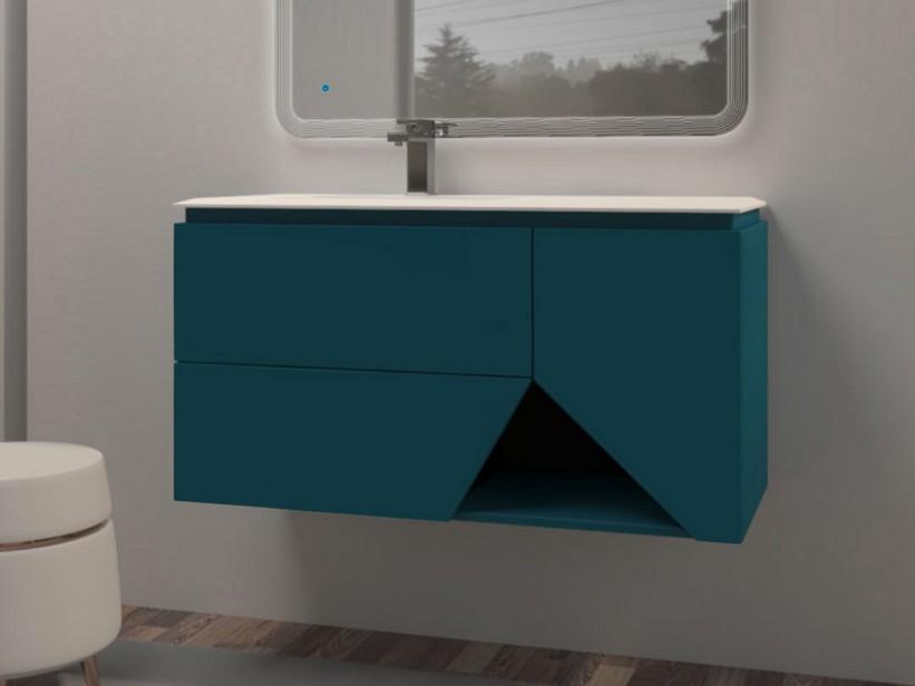 Meuble salle de bains LUX L106 cm suspendu avec 2 tiroirs, 1 porte et lavabo Unitop en résine - finition bleu pétrole mat | IperCeramica