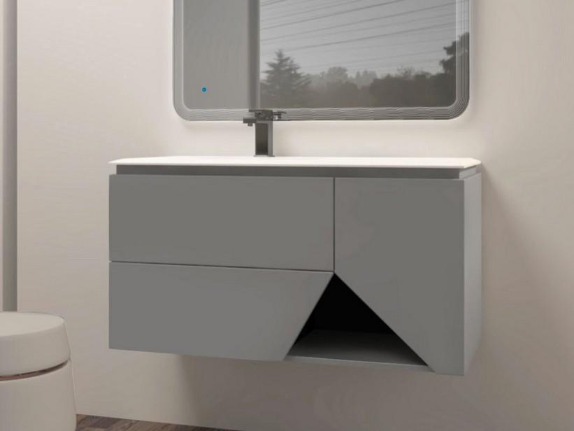 Meuble salle de bains LUX L106 cm suspendu avec 2 tiroirs, 1 porte et lavabo Unitop en résine - finition gris mat | IperCeramica
