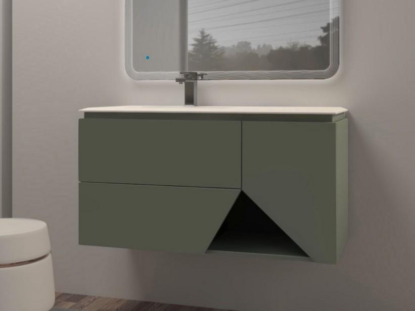 Meuble salle de bains LUX L106 cm suspendu avec 2 tiroirs, 1 porte et lavabo Unitop en résine - finition vert mat | IperCeramica