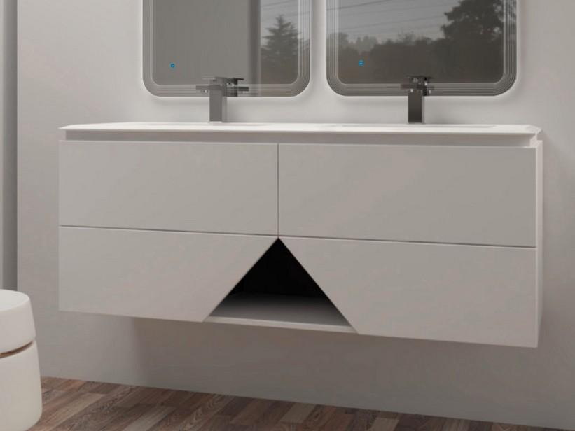 Meuble salle de bains LUX L140 cm suspendu avec 4 tiroirs et lavabo Unitop double vasque en résine - finition blanc mat | IperCeramica