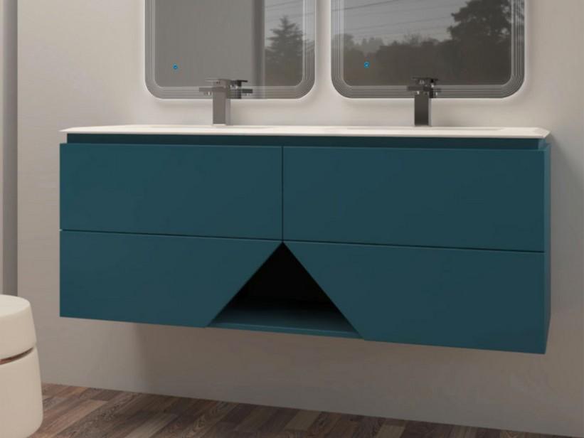 Meuble salle de bains LUX L140 cm suspendu avec 4 tiroirs et lavabo Unitop double vasque en résine - finition bleu pétrole mat | IperCeramica