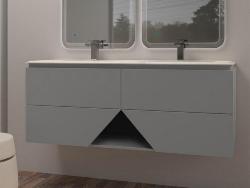 Meuble salle de bains LUX L140 cm suspendu avec 4 tiroirs et lavabo Unitop double vasque en résine - finition gris mat | IperCeramica
