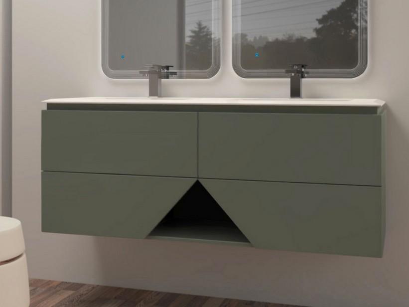 Meuble salle de bains LUX L140 cm suspendu avec 4 tiroirs et lavabo Unitop double vasque en résine - finition vert mat | IperCeramica