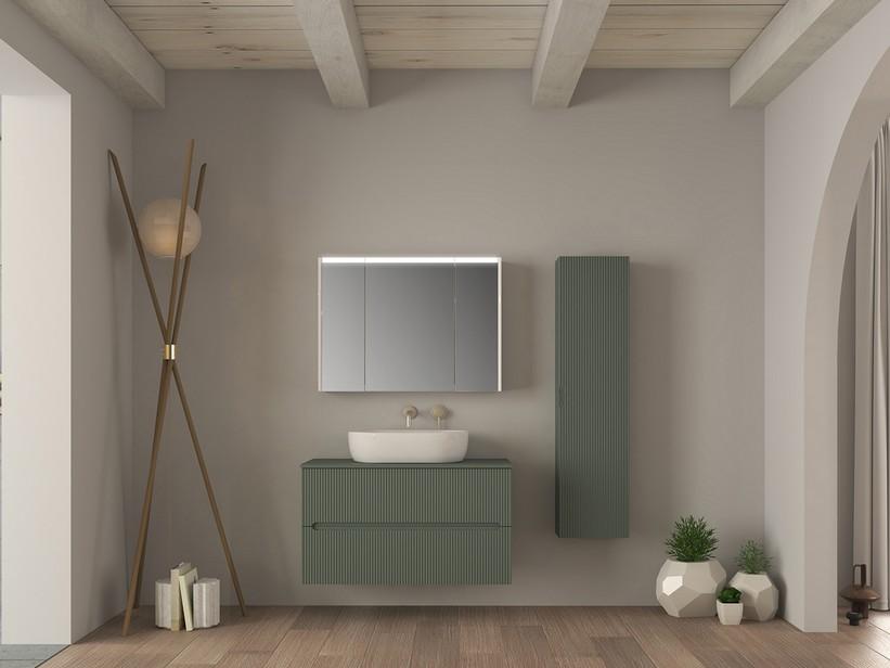 Meuble salle de bains FARO 100 cm cannelé vert mat avec plan pour vasque à poser | IperCeramica