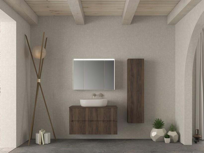 Meuble salle de bains FARO 100 cm cannelé noyer avec plan pour vasque à poser | IperCeramica