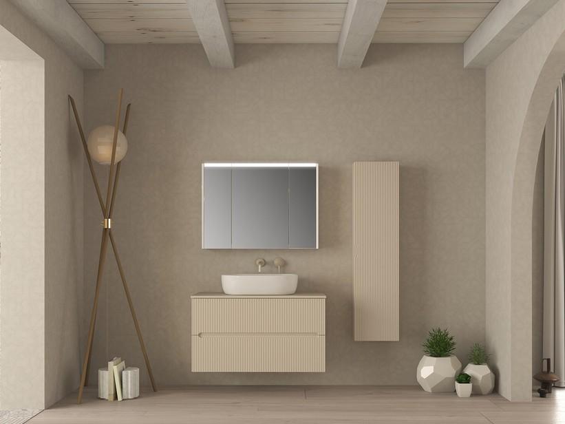 Meuble salle de bains FARO 100 cm cannelé blanc coton avec plan pour vasque à poser | IperCeramica