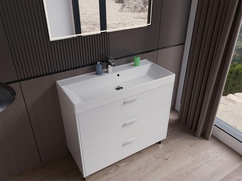 Meuble salle de bains GARDENIA L100 cm sur pieds avec 3 tiroirs et lavabo Unitop en résine - finition blanc brillant | IperCeramica