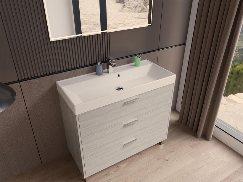 Meuble salle de bains Gardenia L100 cm sur pieds avec 3 tiroirs et lavabo Unitop en résine - finition ORME CRÈME | IperCeramica