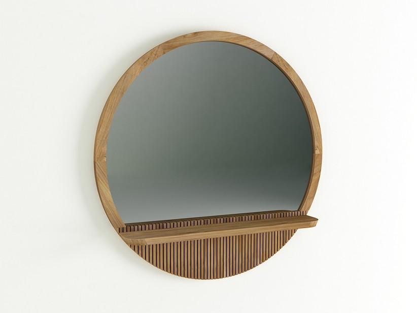 Miroir de salle de bains KOMODO Ø80 cm avec tablette et cadre en Teck massif naturel | IperCeramica