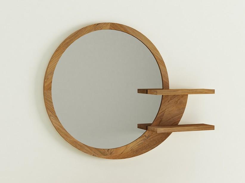 Miroir de salle de bains KOMODO Ø79 cm avec 2 tablettes et cadre en Teck massif naturel | IperCeramica