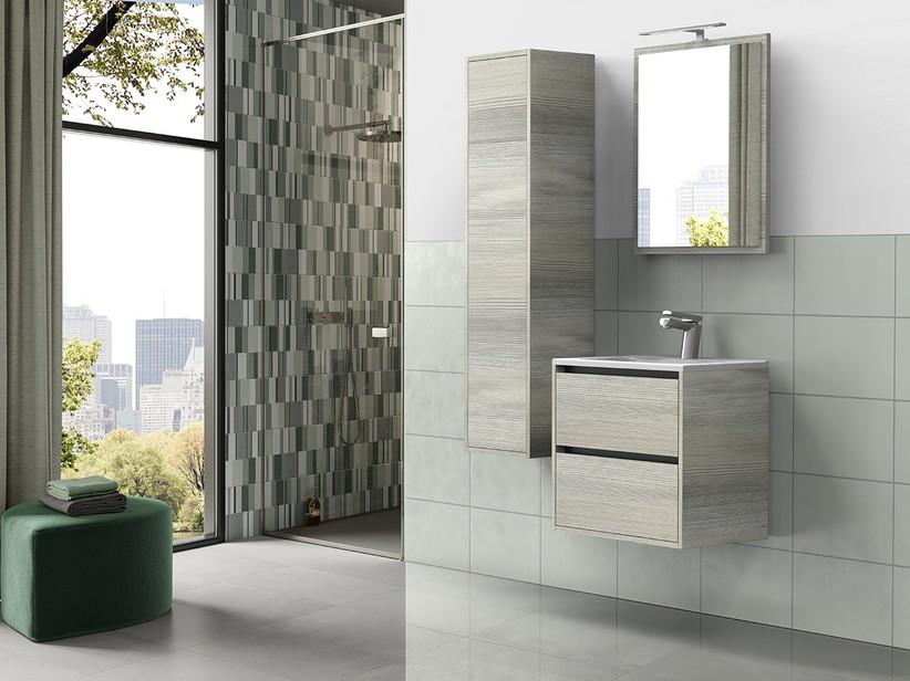 Meuble de salle de bains CAMPIGLIO 60/P39 cm 2 tiroirs effet bois gris et lavabo Unitop en céramique blanc brillant | IperCeramica