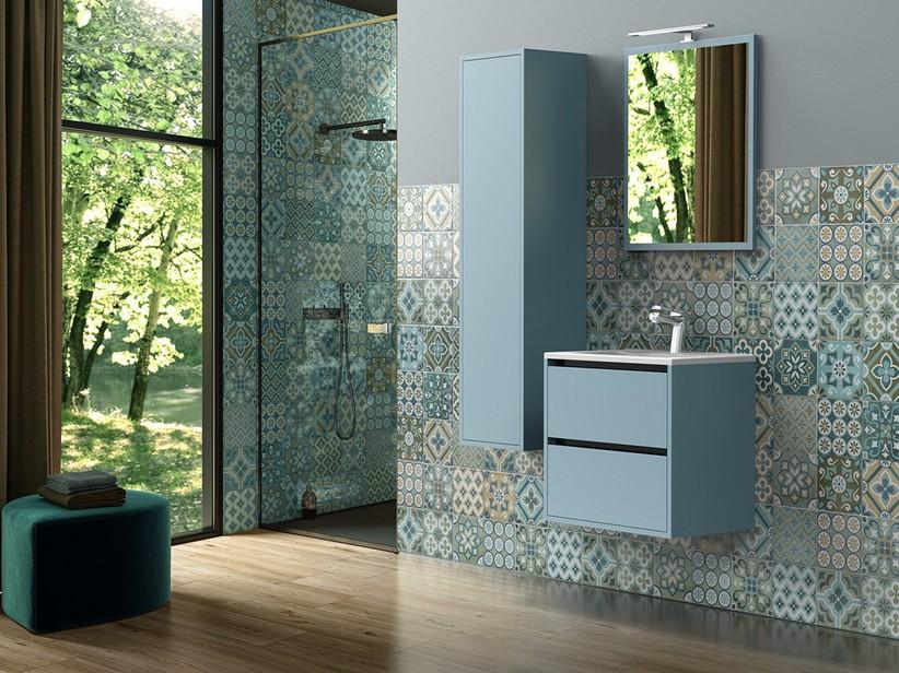 Meuble de salle de bains CAMPIGLIO 60/P39 cm 2 tiroirs bleu mat et lavabo Unitop en céramique blanc brillant | IperCeramica
