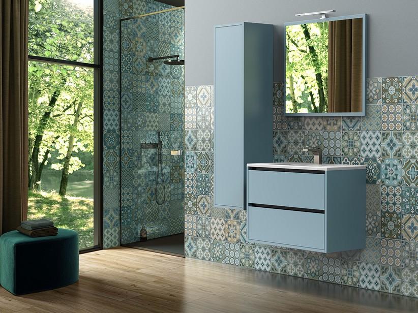 Meuble de salle de bains CAMPIGLIO 80/P39 cm 2 tiroirs bleu mat et lavabo Unitop en céramique blanc brillant | IperCeramica