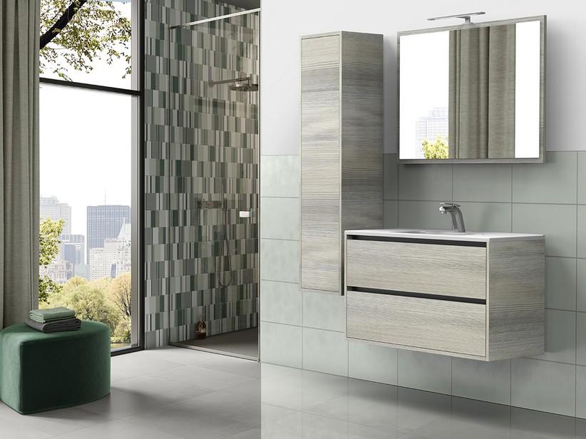 Meuble de salle de bains CAMPIGLIO 100/P39 cm 2 tiroirs effet bois gris et lavabo Unitop en céramique blanc brillant | IperCeramica