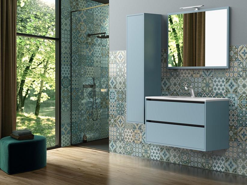 Meuble de salle de bains CAMPIGLIO 100/P39 cm 2 tiroirs bleu mat et lavabo Unitop en céramique blanc brillant | IperCeramica
