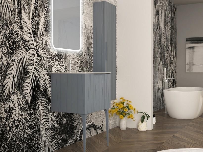 Meuble salle de bains UNIKA 60 cm à poser bleu mat et lavabo Unitop en résine HIDE P46 blanc brillant | IperCeramica