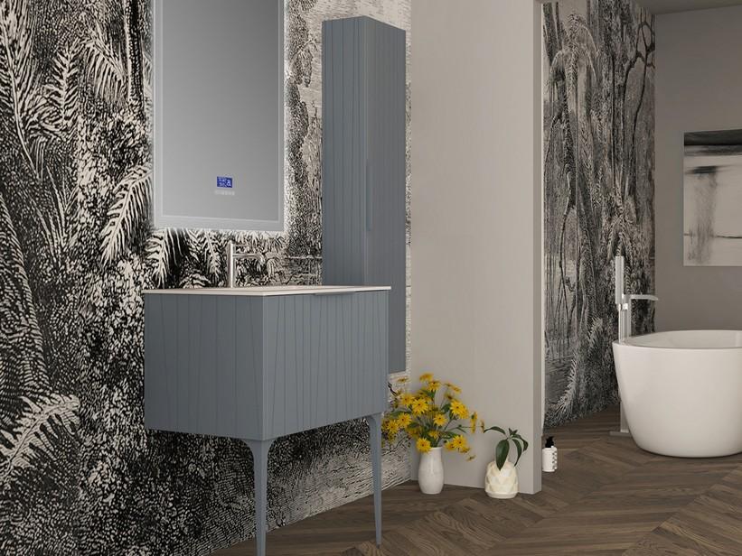 Meuble salle de bains UNIKA 80 cm à poser bleu mat et lavabo Unitop en résine HIDE P46 blanc brillant | IperCeramica