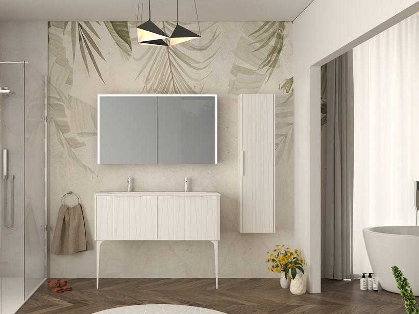 Meuble salle de bains UNIKA 120 cm à poser blanc mat et lavabo Unitop double en céramique ANDY blanc brillant | IperCeramica