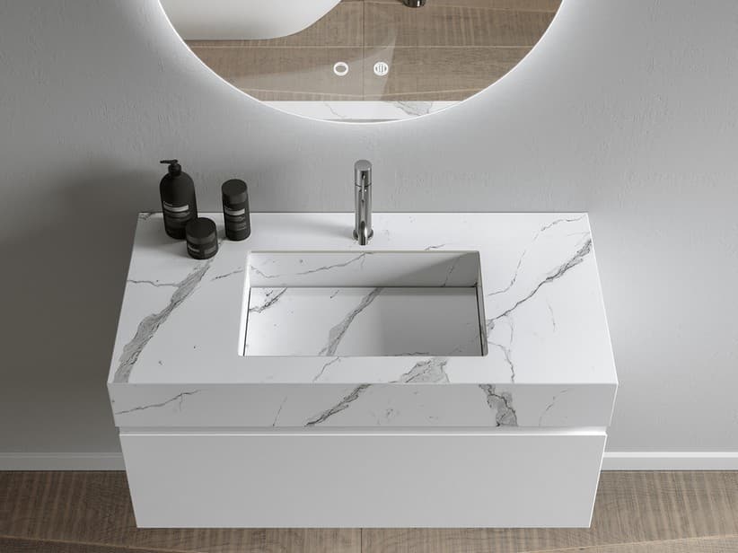 Lavabo Unitop Profil 100x49xH14 cm en grès effet marbre Statuario mat | IperCeramica