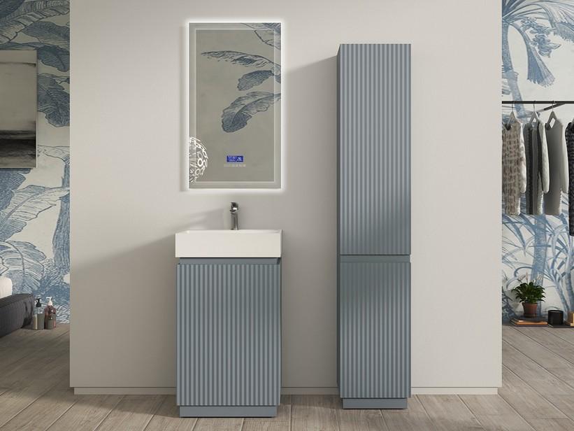 Meuble salle de bains à poser FARO 50 cm cannelé bleu mat et lavabo Unitop en résine TRIBECA blanc mat | IperCeramica