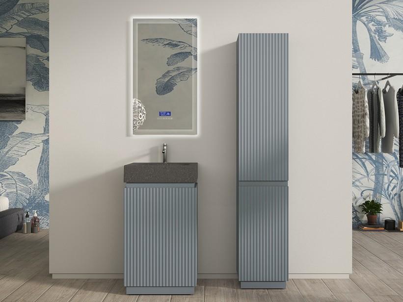 Meuble salle de bains FARO à poser 50 cm cannelé bleu mat et lavabo Unitop en HPL Quartzite foncé | IperCeramica