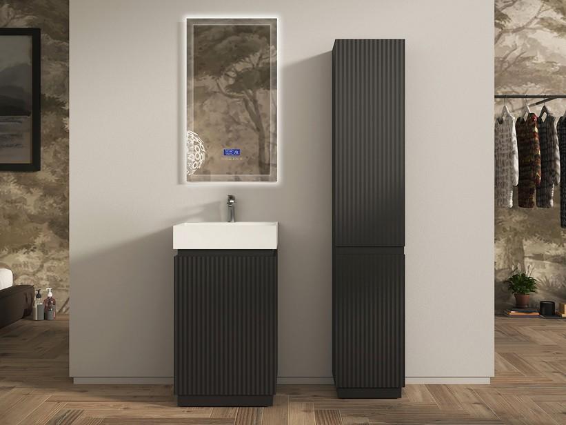 Meuble salle de bains à poser FARO 50 cm cannelé noir mat et lavabo Unitop en résine TRIBECA blanc mat | IperCeramica