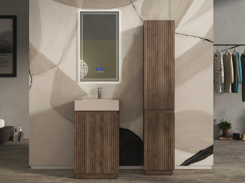 Meuble salle de bains FARO à poser 50 cm cannelé noyer mat et lavabo Unitop en HPL Quartzite clair | IperCeramica