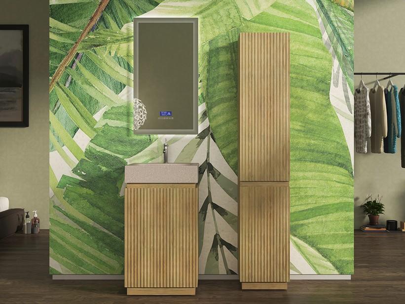 Meuble salle de bains à poser FARO 50 cm cannelé chêne tabac et lavabo Unitop en HPL quartzite claire | IperCeramica