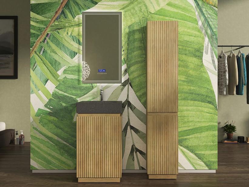 Meuble salle de bains FARO à poser 50 cm cannelé chêne tabac et lavabo Unitop en HPL Quartzite foncé | IperCeramica