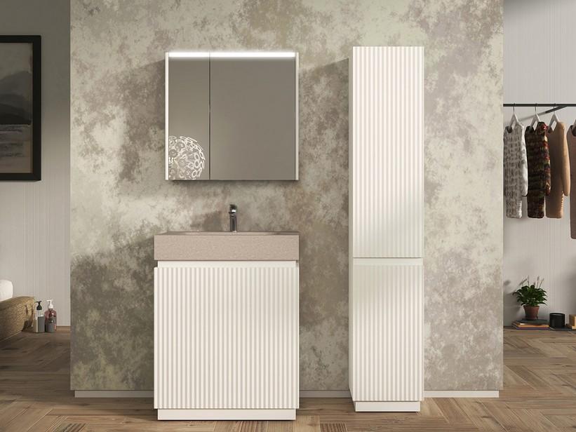 Meuble salle de bains FARO à poser 70 cm cannelé blanc mat et lavabo Unitop en HPL quartzite clair | IperCeramica