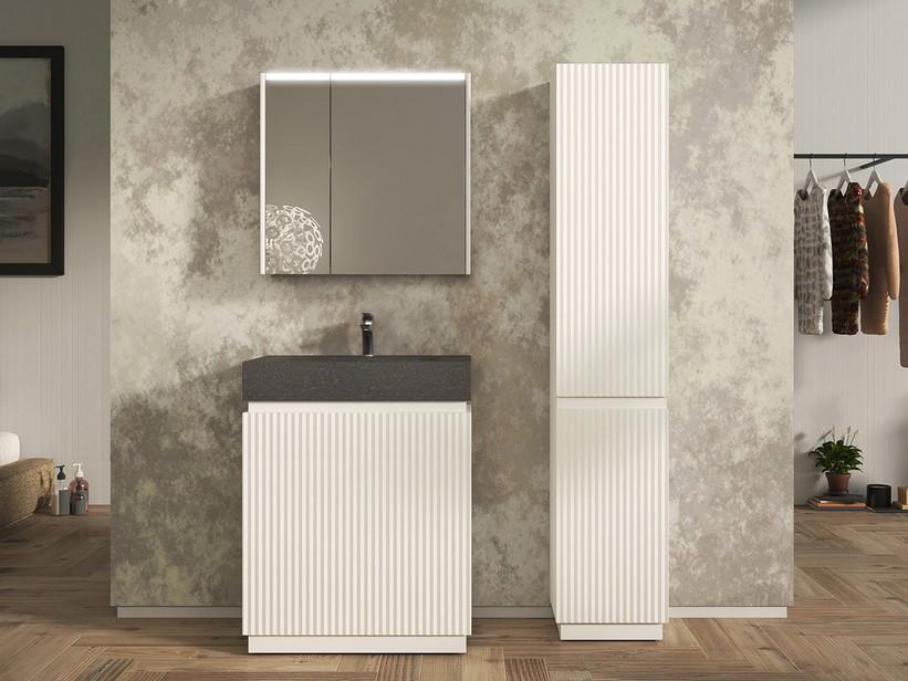 Meuble salle de bains FARO à poser 70 cm cannelé blanc mat et lavabo Unitop en HPL quartzite foncé | IperCeramica