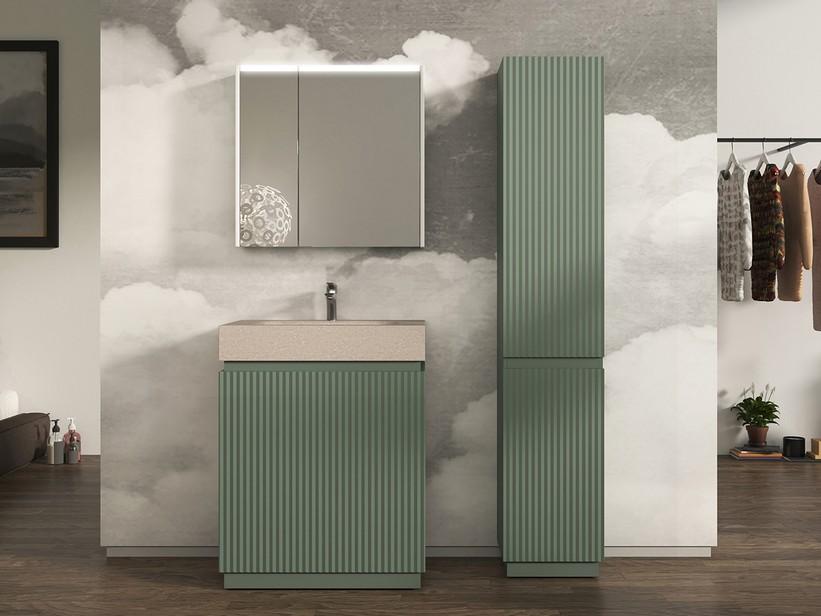 Meuble salle de bains FARO à poser 70 cm cannelé vert mat et lavabo Unitop en HPL quartzite clair | IperCeramica