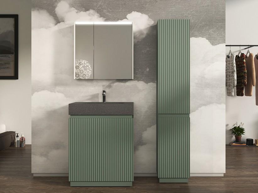 Meuble salle de bains FARO à poser 70 cm cannelé vert mat et lavabo Unitop en HPL quartzite foncé | IperCeramica