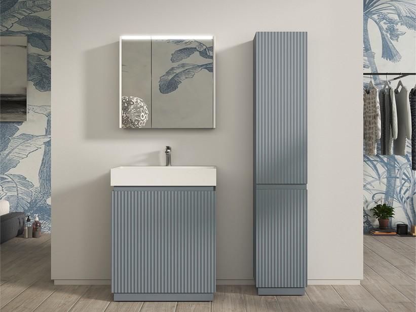Meuble salle de bains FARO à poser 70 cm cannelé bleu mat et lavabo Unitop en résine blanc mat | IperCeramica