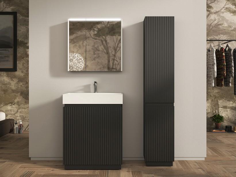 Meuble salle de bains FARO à poser 70 cm cannelé noir mat et lavabo Unitop en résine blanc mat | IperCeramica